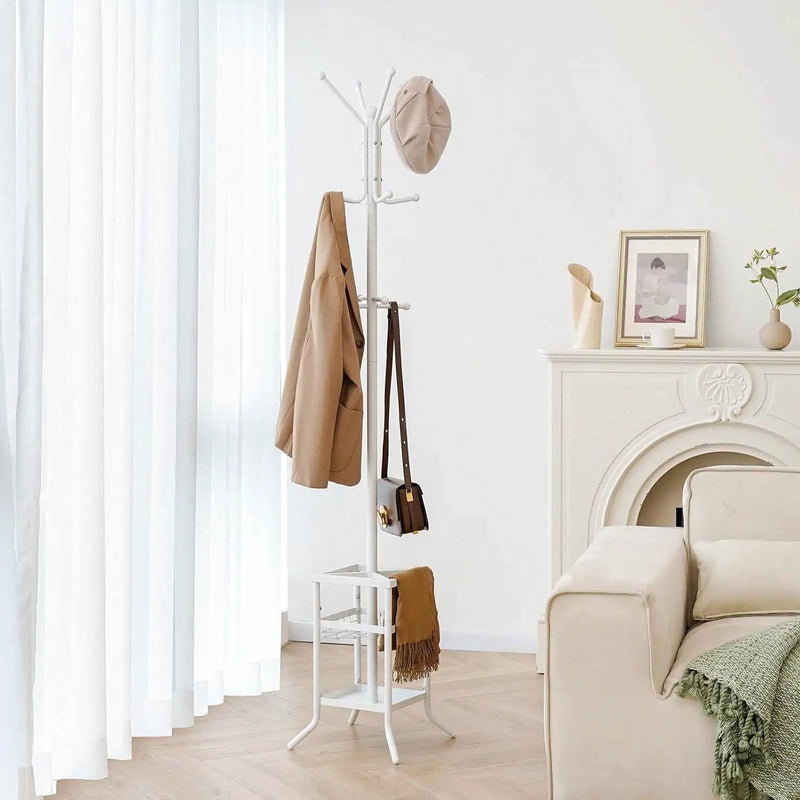 White Metal Coat Rack Entryway Hall Tree with Umbrella Holder by HomePacific