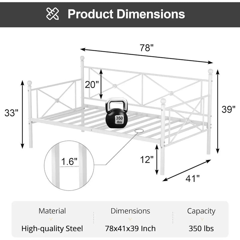 Twin size Heavy Duty Metal Daybed Frame in Classic White Finish by HomePacific