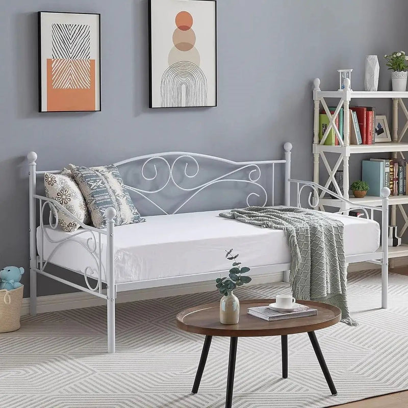 Twin size Classic Heavy Duty Steel Day Bed Frame in White Metal Finish by HomePacific