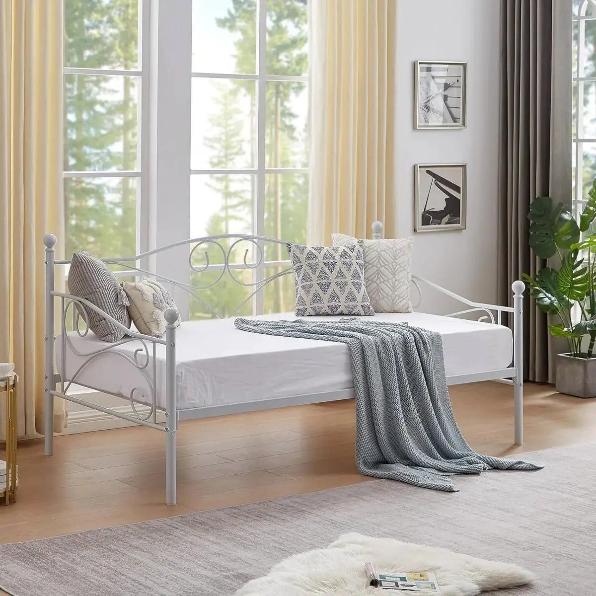Twin size Classic Heavy Duty Steel Day Bed Frame in White Metal Finish by HomePacific