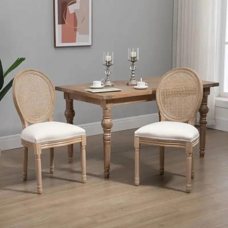 Set of 2 Vintage Upholstered Armless Rattan Back Dining Chairs Beige White by HomePacific