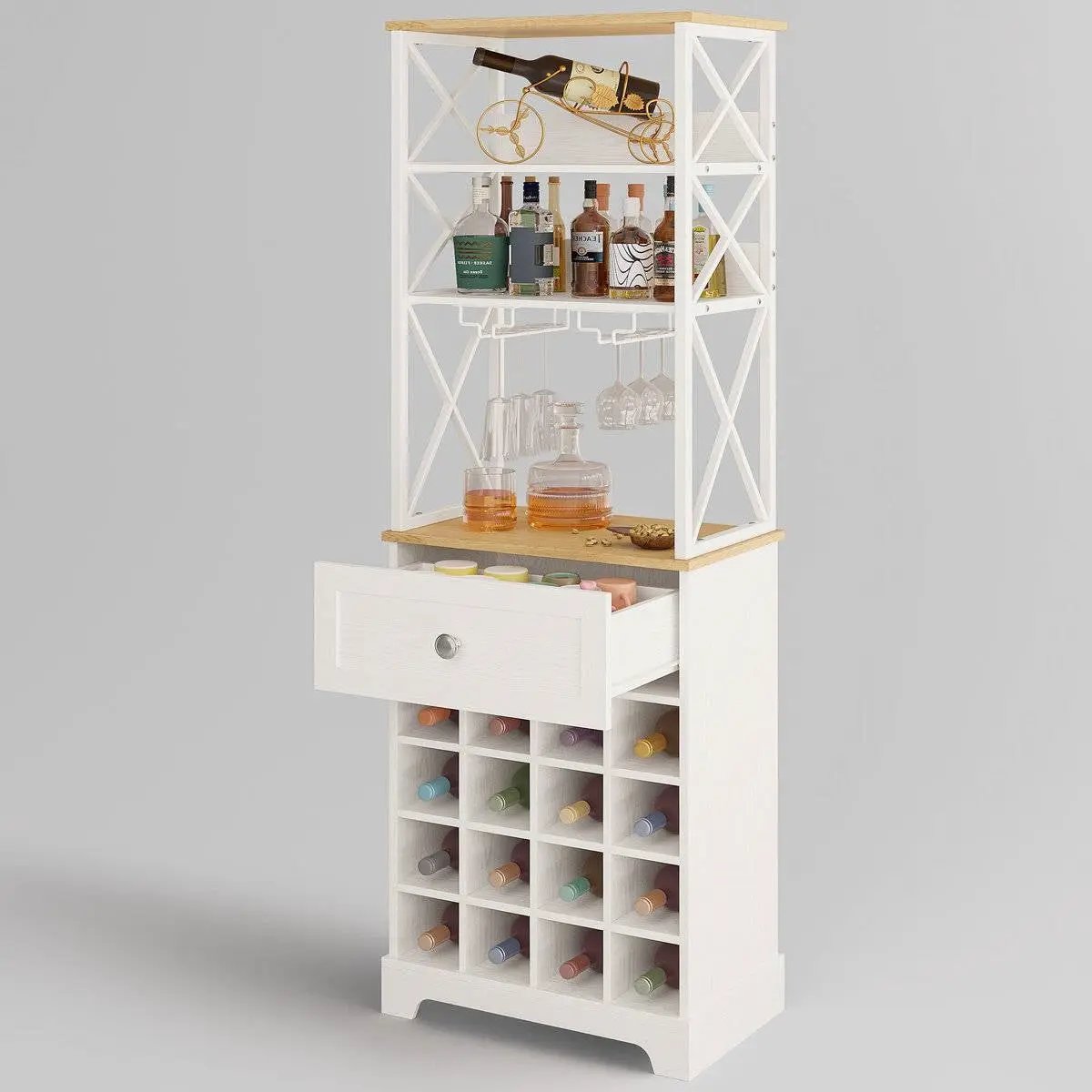 White/Natural Wine Bottle & Glass Rack Cabinet Bar Storage by HomePacific