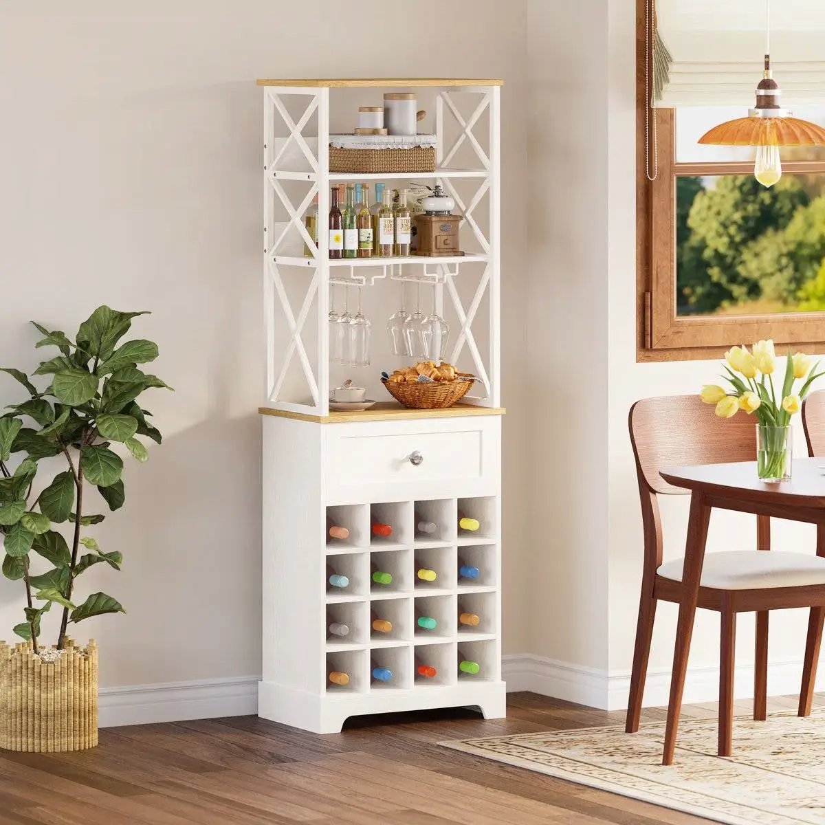 White/Natural Wine Bottle & Glass Rack Cabinet Bar Storage by HomePacific