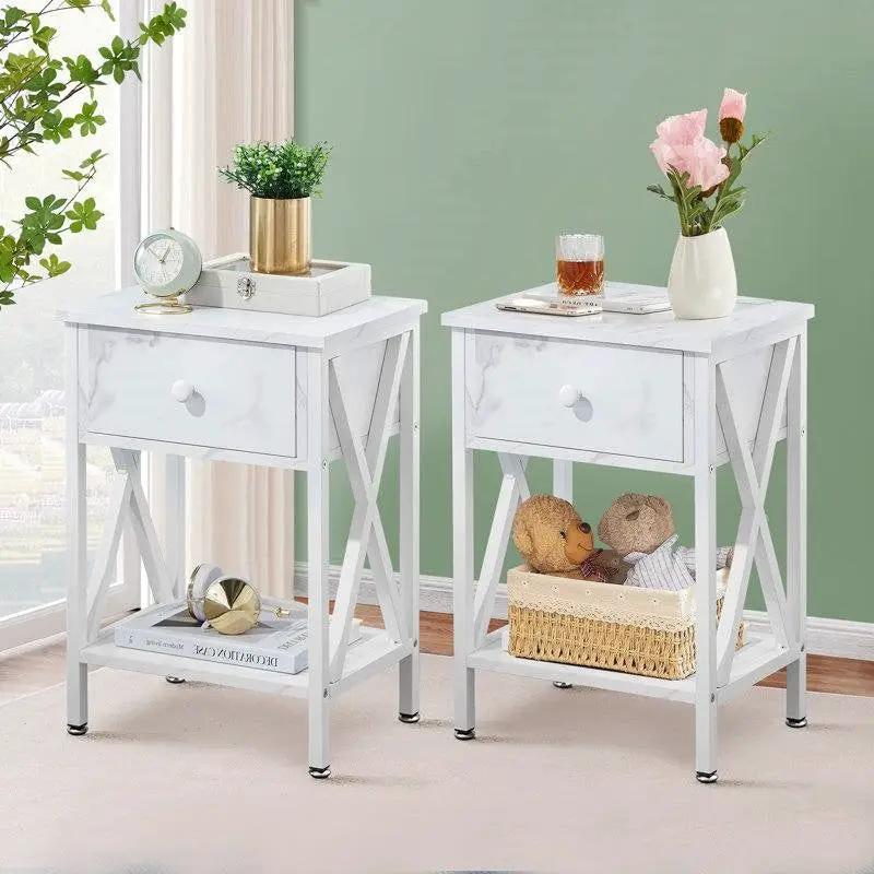 Set of 2 - Rustic Farmhouse 1-Drawer Nightstand Bedside Table in White by HomePacific