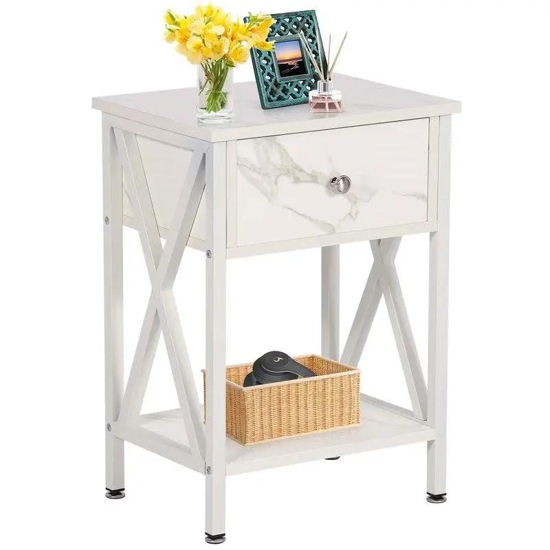 Set of 2 - Rustic Farmhouse 1-Drawer Nightstand Bedside Table in White by HomePacific