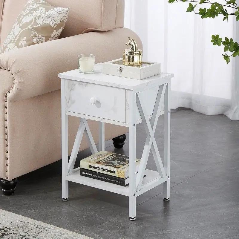 Set of 2 - Rustic Farmhouse 1-Drawer Nightstand Bedside Table in White by HomePacific