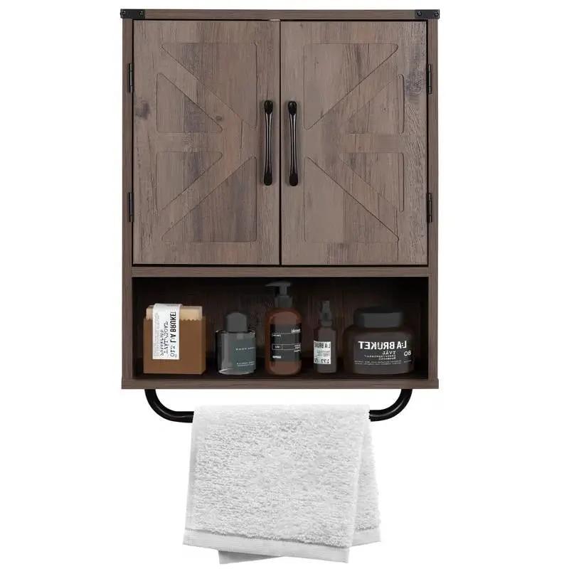 Farmhouse Bathroom Wall Cabinet with Towel Bar in Taupe Grey Brown Wood Finish by HomePacific