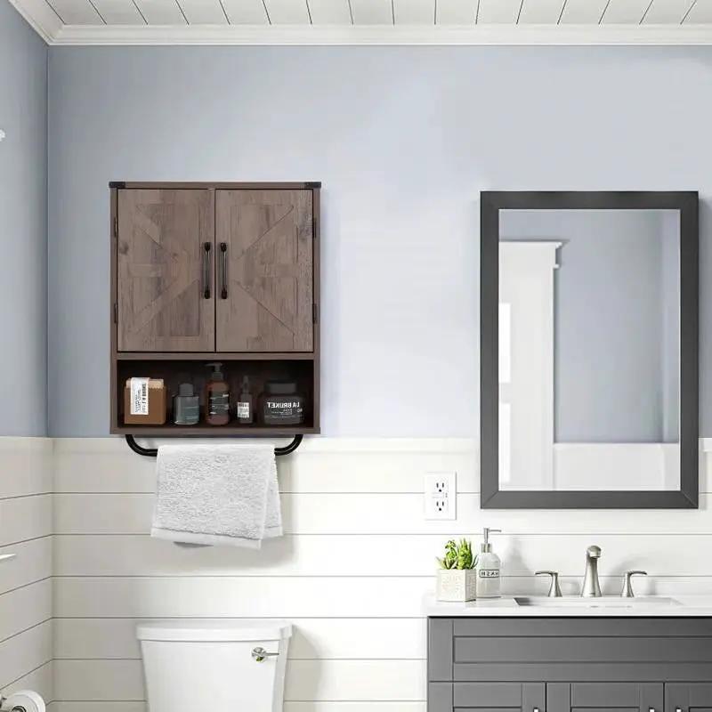 Farmhouse Bathroom Wall Cabinet with Towel Bar in Taupe Grey Brown Wood Finish by HomePacific