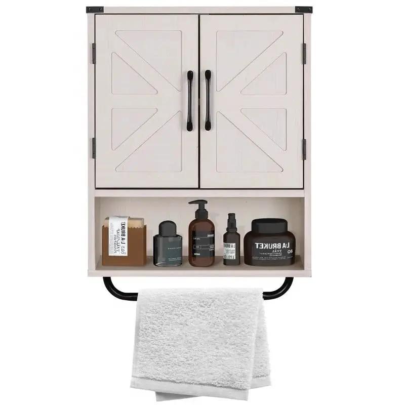 White Farmhouse Bathroom Wall Cabinet with Storage Shelf and Towel Bar by HomePacific