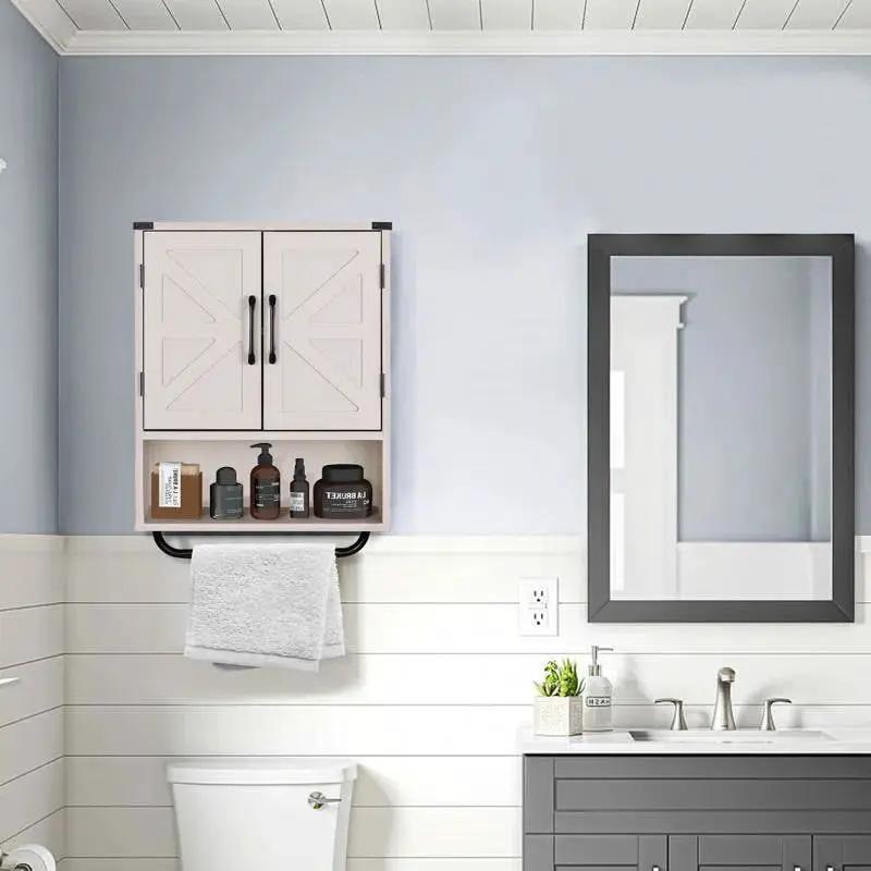 White Farmhouse Bathroom Wall Cabinet with Storage Shelf and Towel Bar by HomePacific