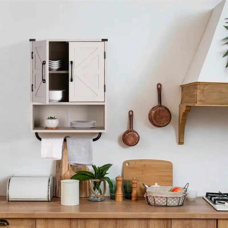 White Farmhouse Bathroom Wall Cabinet with Storage Shelf and Towel Bar by HomePacific