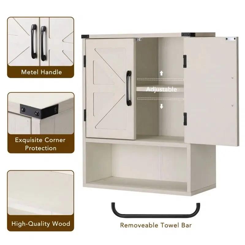 White Farmhouse Bathroom Wall Cabinet with Storage Shelf and Towel Bar by HomePacific