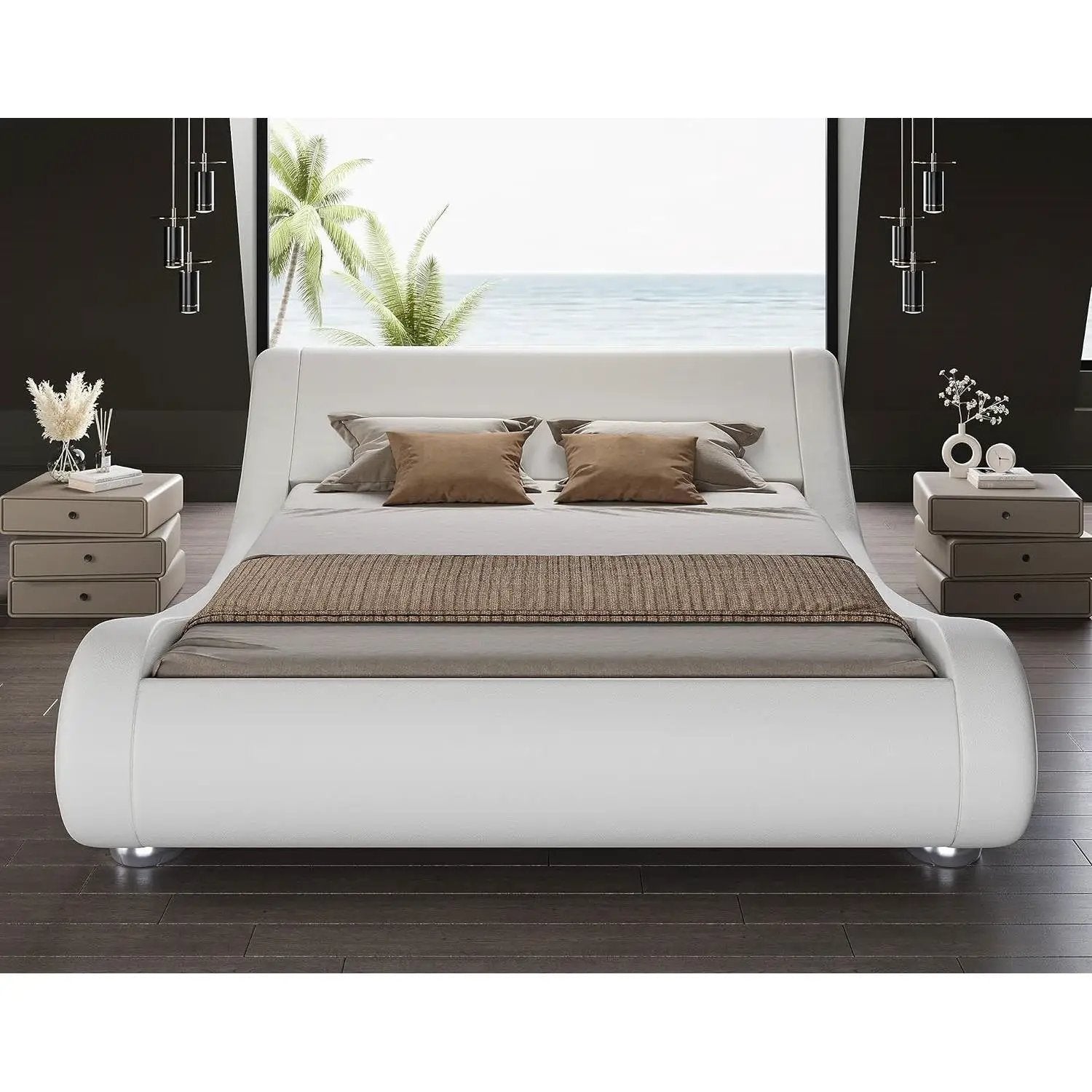 King Modern White Upholstered Platform Bed Frame with Sleigh Curved Headboard by HomePacific