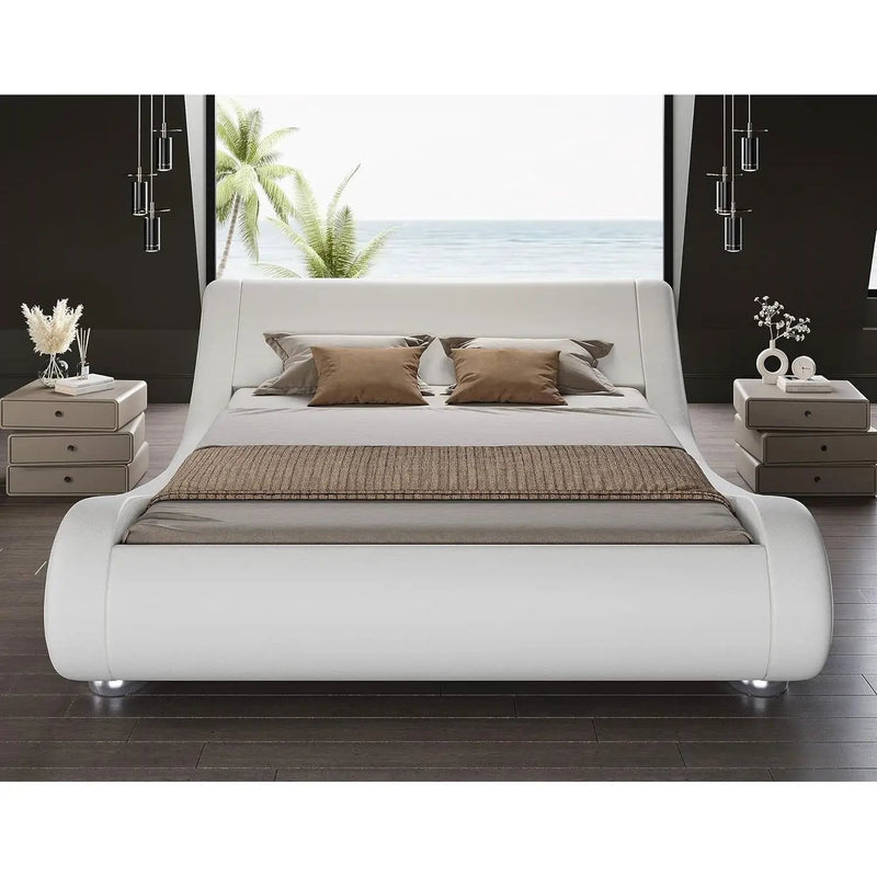 King Modern White Upholstered Platform Bed Frame with Sleigh Curved Headboard by HomePacific