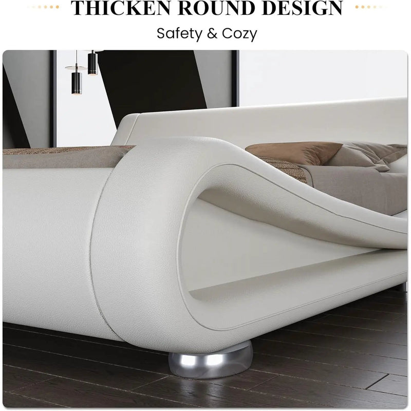 King Modern White Upholstered Platform Bed Frame with Sleigh Curved Headboard by HomePacific