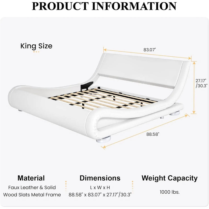 King Modern White Upholstered Platform Bed Frame with Sleigh Curved Headboard by HomePacific
