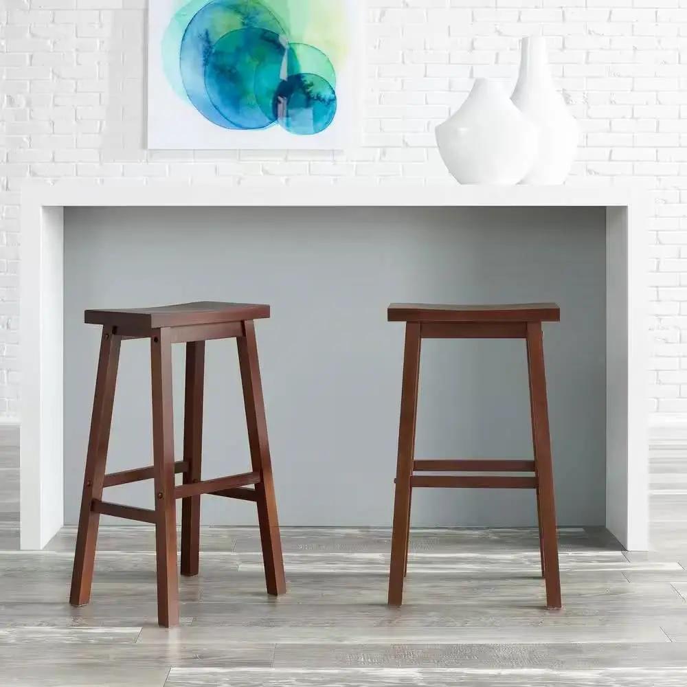 Set of 2 Farmhouse Bar Height Saddle Seat Barstools in Brown Walnut Wood Finish by HomePacific