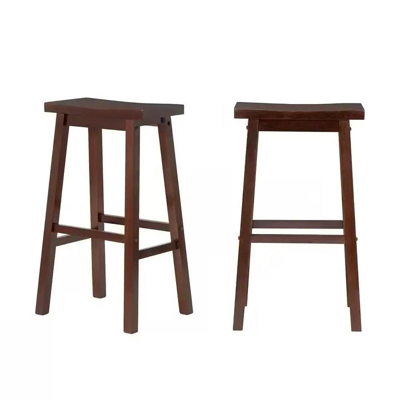 Set of 2 Farmhouse Bar Height Saddle Seat Barstools in Brown Walnut Wood Finish by HomePacific