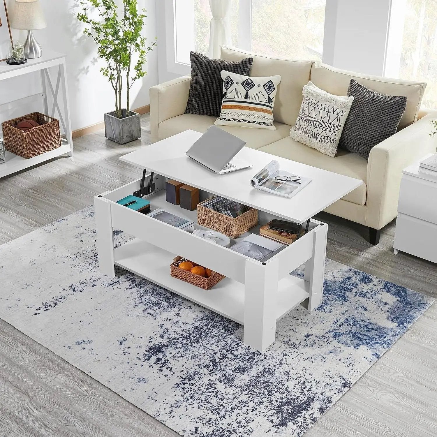 Lift-Top Coffee Table Laptop Desk TV Tray in White Wood Finish by HomePacific