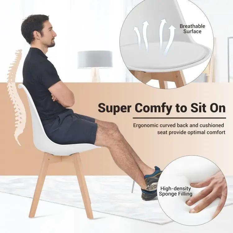 Set of 4 Modern Mid-Century Style White PU Leather Dining Chairs with Wood Legs by HomePacific