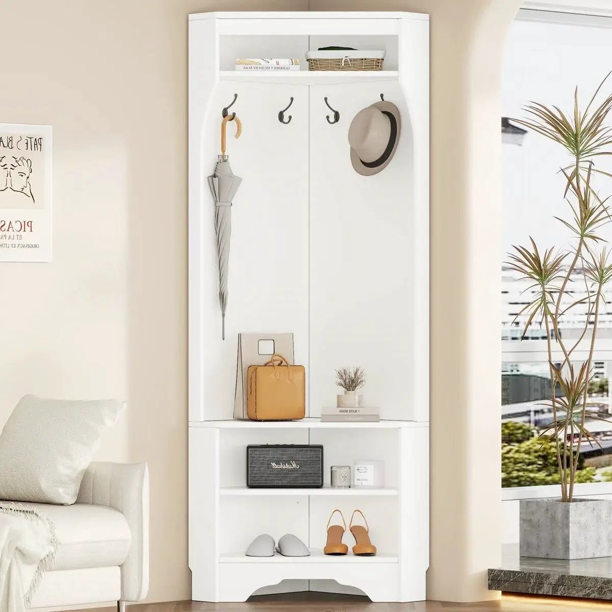 Modern White Corner Hall Tree Coat Rack Entryway Storage Cabinet Shoe Bench by HomePacific