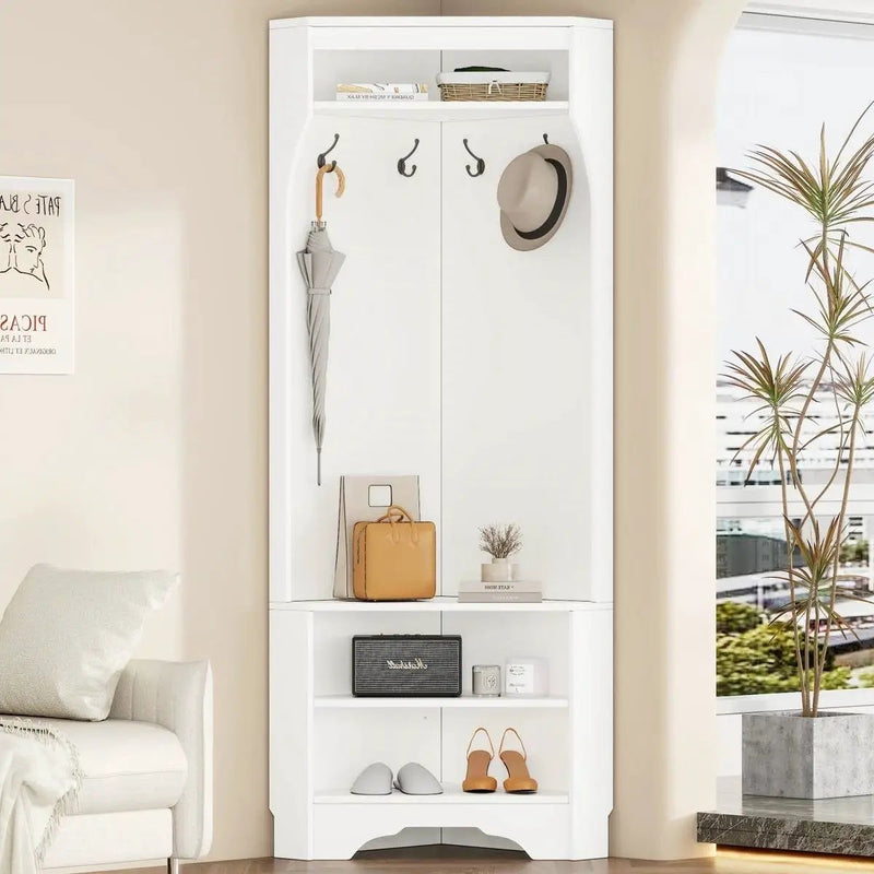 Modern White Corner Hall Tree Coat Rack Entryway Storage Cabinet Shoe Bench by HomePacific