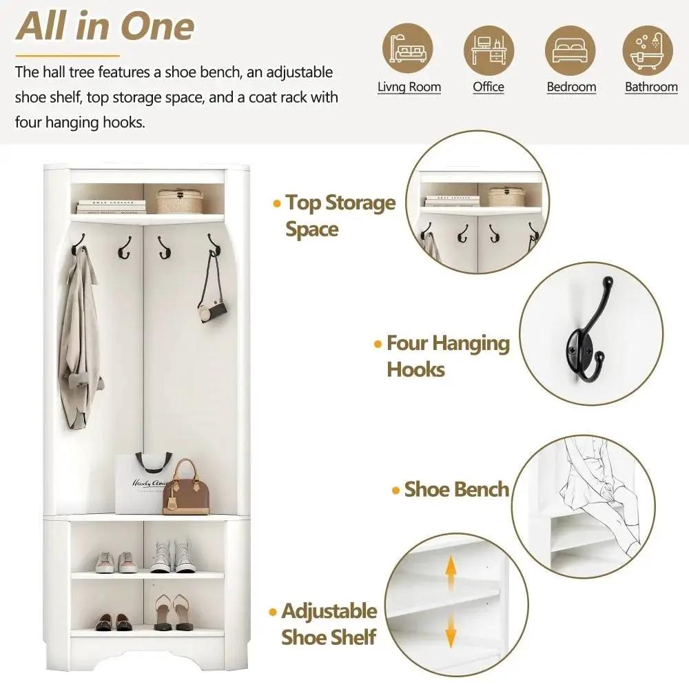 Modern White Corner Hall Tree Coat Rack Entryway Storage Cabinet Shoe Bench by HomePacific