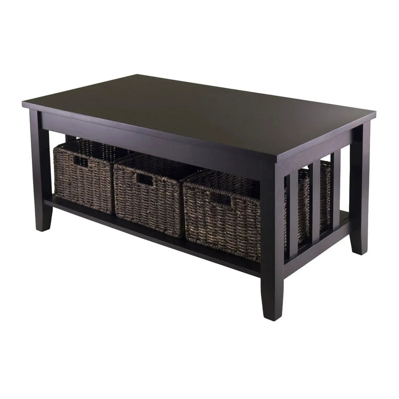 Mission Style Dark Wood Coffee Table with 3-Folding Storage Baskets by HomePacific