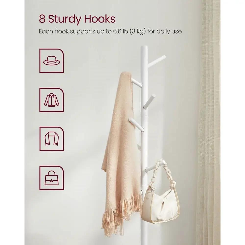 Sturdy Solid Wood Coat Rack in White Finish with 8 Hooks by HomePacific