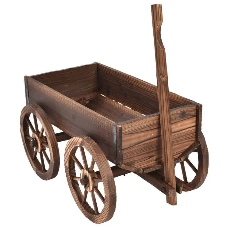 Outdoor Garden Fir Wood Barrel Planter Wagon on Wooden Wheels by HomePacific
