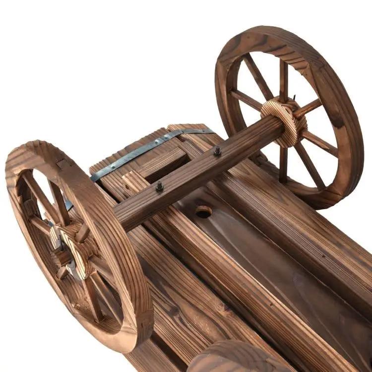 Outdoor Garden Fir Wood Barrel Planter Wagon on Wooden Wheels by HomePacific