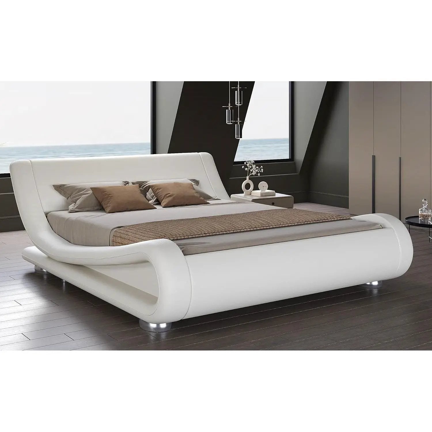 Queen Modern White Upholstered Platform Bed Frame with Sleigh Curved Headboard by HomePacific
