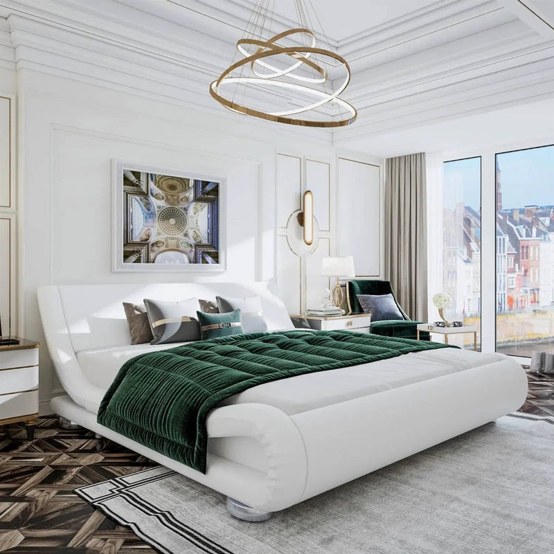 Queen Modern White Upholstered Platform Bed Frame with Sleigh Curved Headboard by HomePacific