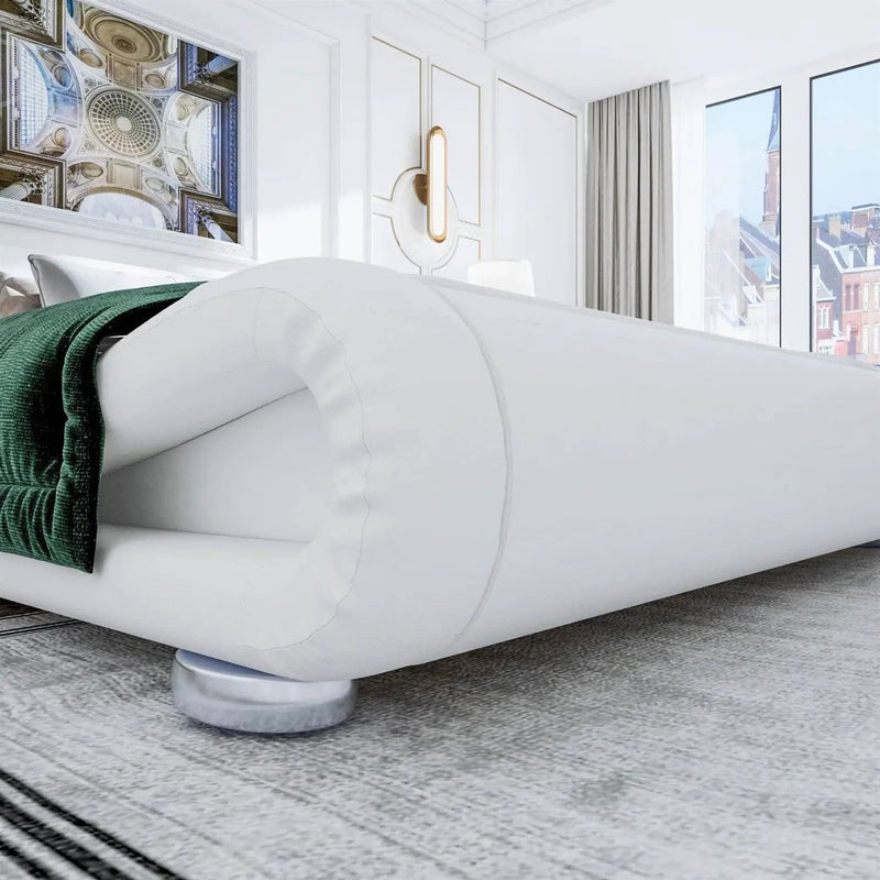 Queen Modern White Upholstered Platform Bed Frame with Sleigh Curved Headboard by HomePacific