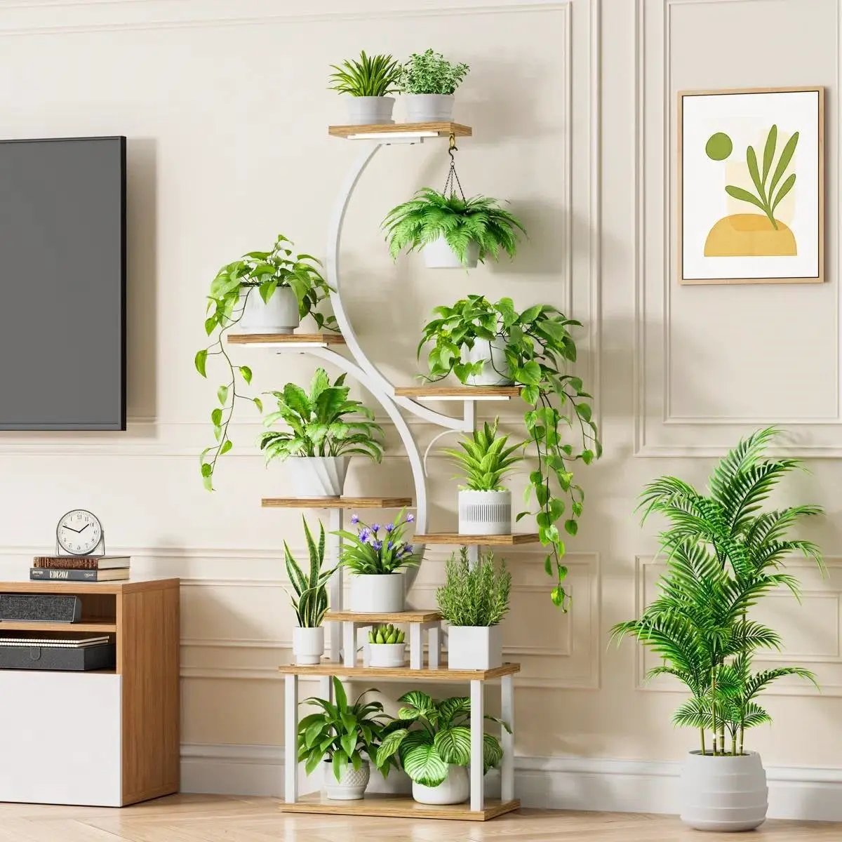 Indoor Plant Stand with White Metal Frame and Wood Finish Shelves by HomePacific