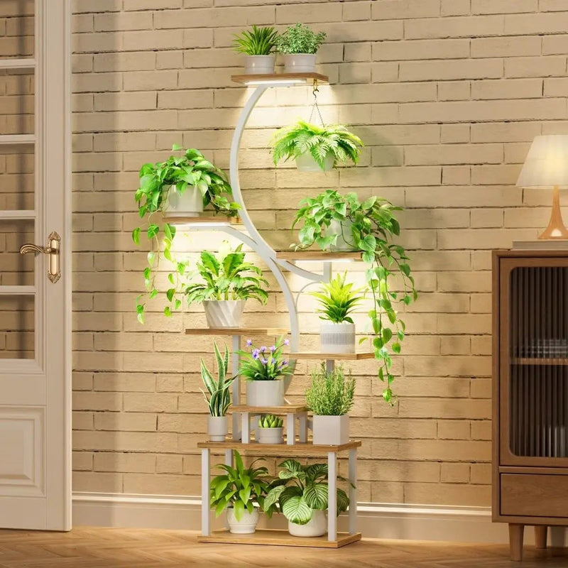 Indoor Plant Stand with White Metal Frame and Wood Finish Shelves by HomePacific