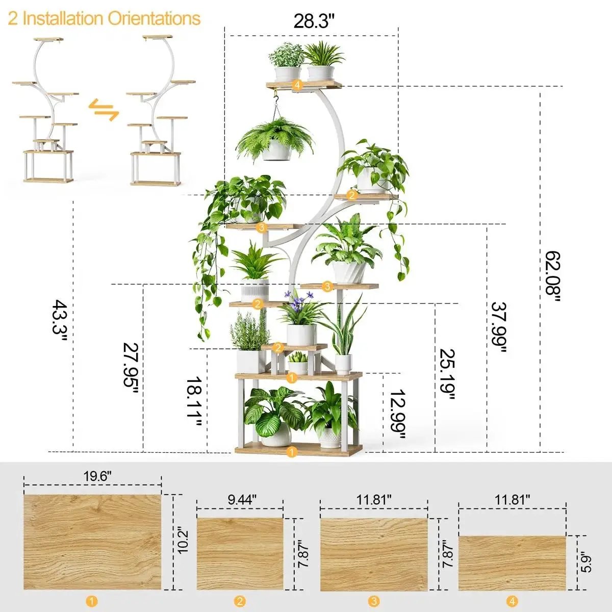 Indoor Plant Stand with White Metal Frame and Wood Finish Shelves by HomePacific