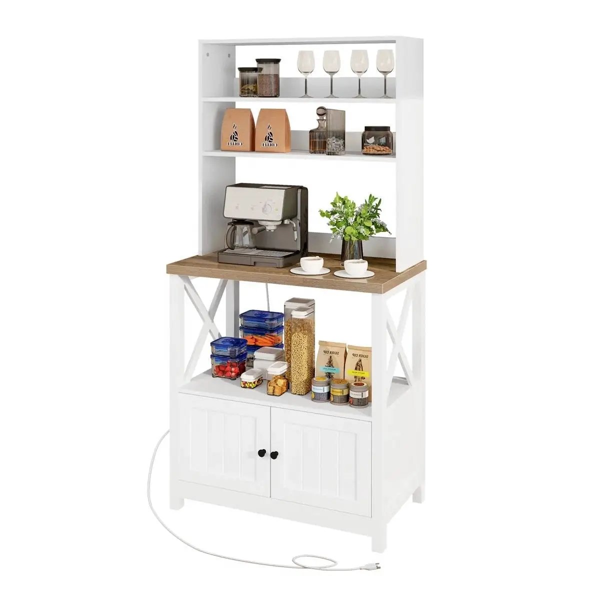 White Modern Farmhouse Baker's Rack Kitchen Shelving Unit Storage Cabinet by HomePacific