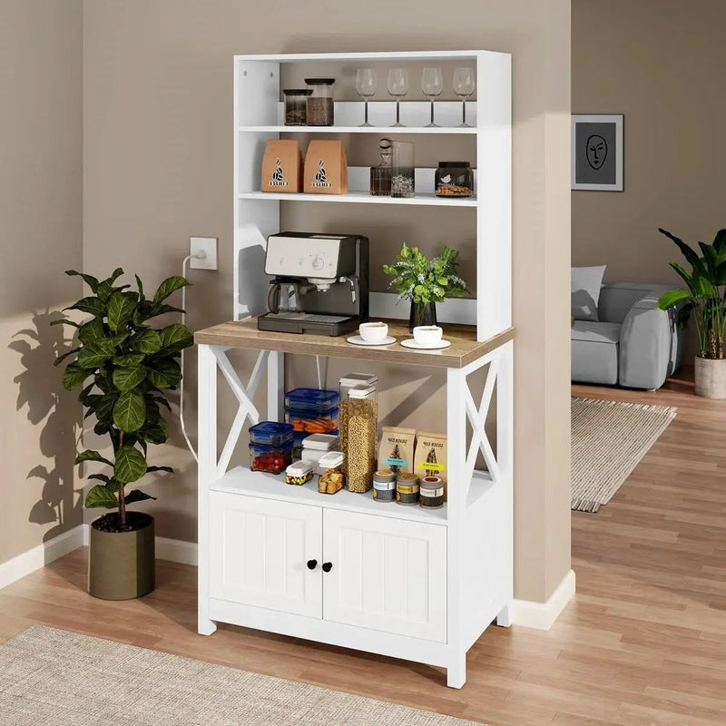 White Modern Farmhouse Baker's Rack Kitchen Shelving Unit Storage Cabinet by HomePacific