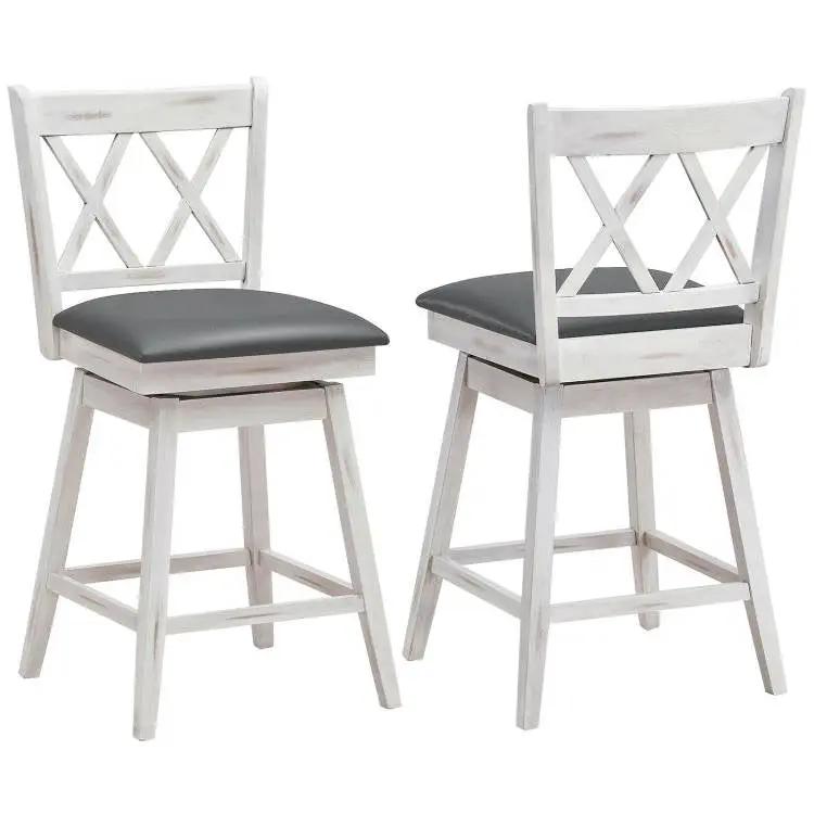 Set of 2 White Wood 24-in Counter Height Farmhouse Swivel Cushion Seat Barstools by HomePacific
