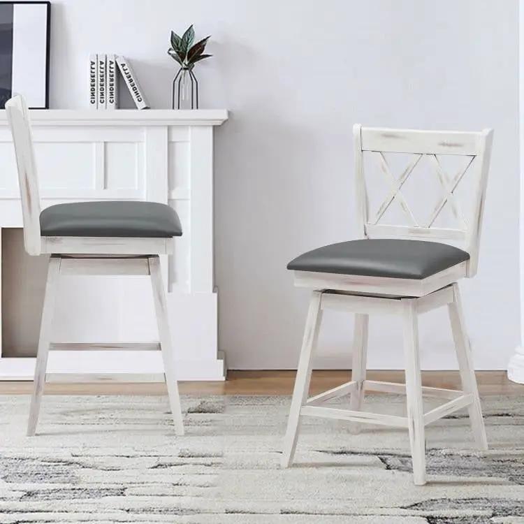 Set of 2 White Wood 24-in Counter Height Farmhouse Swivel Cushion Seat Barstools by HomePacific