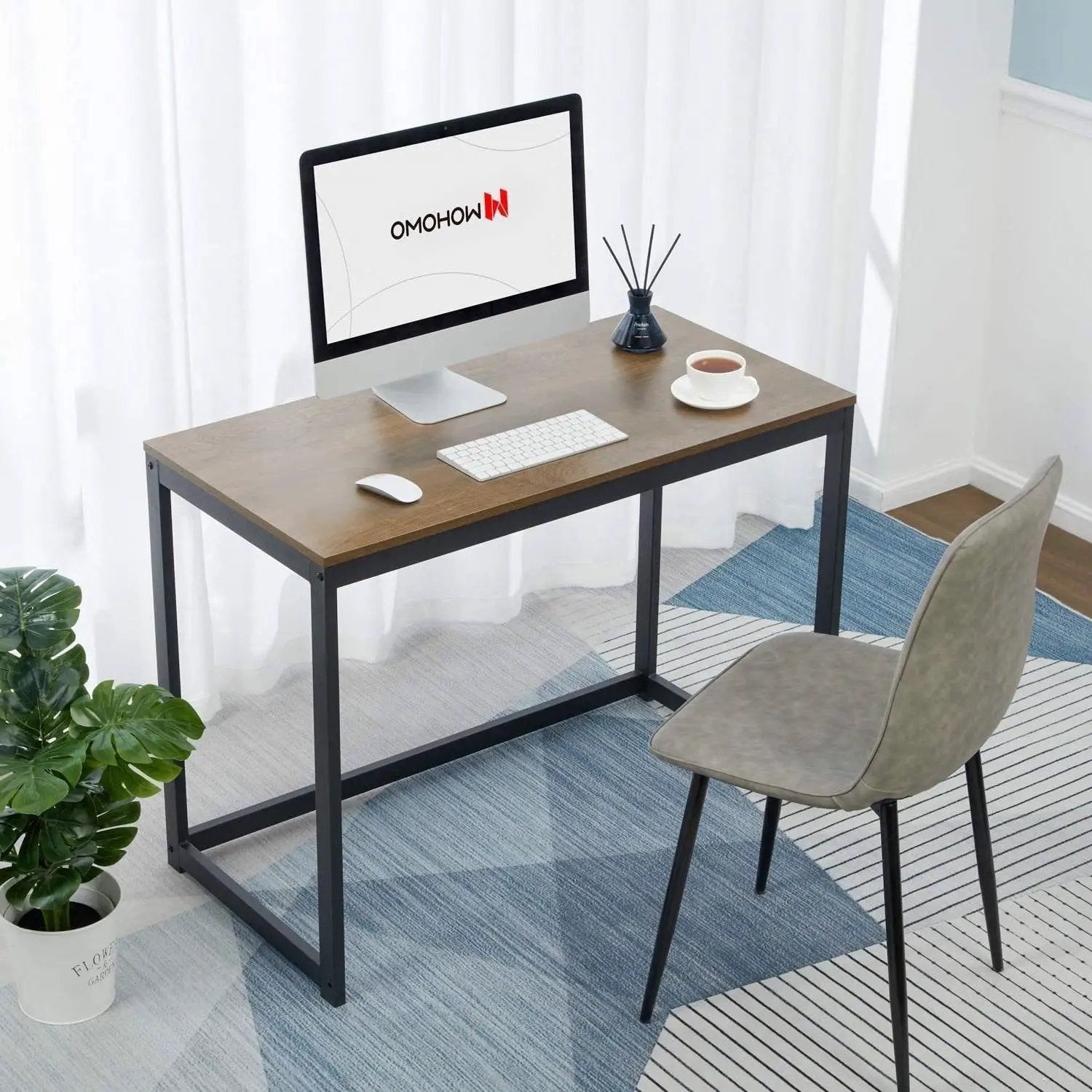Modern Home Office Laptop Computer Desk Table with Black Metal Frame Wood Top by HomePacific