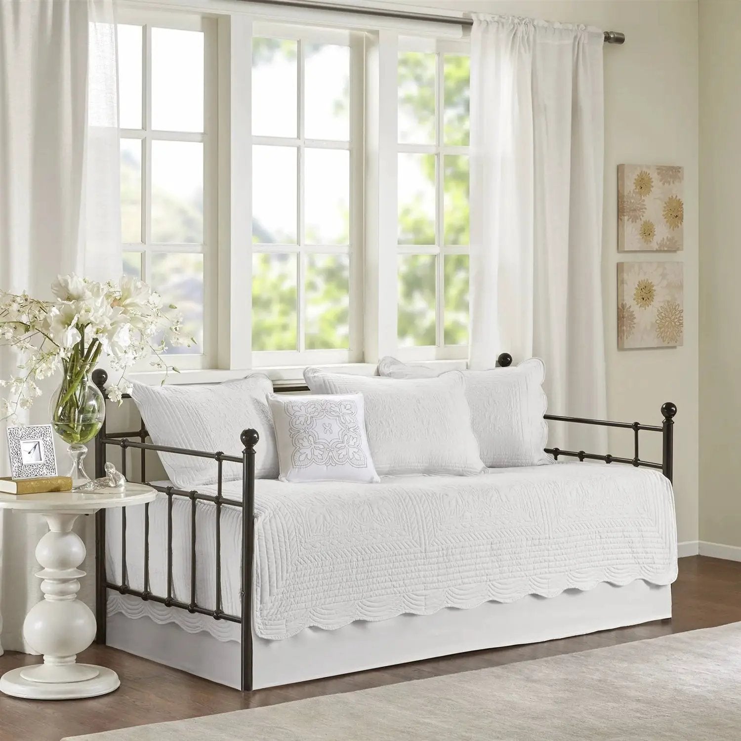 6-Piece Farmhouse White Daybed Cover Bedding Set with Scalloped Edges by HomePacific
