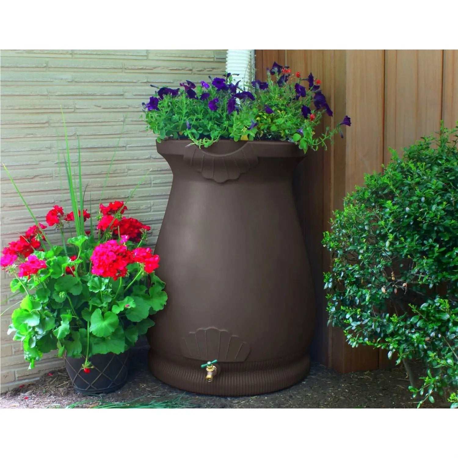 Brown Oak 65 Gallon Plastic Urn Rain Barrel with Planter Top by HomePacific