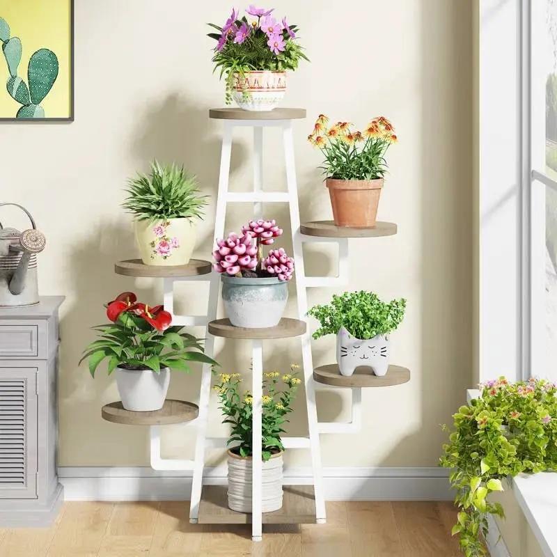Modern Industrial Indoor Multi-Tier Plant Stand with White Metal Frame by HomePacific