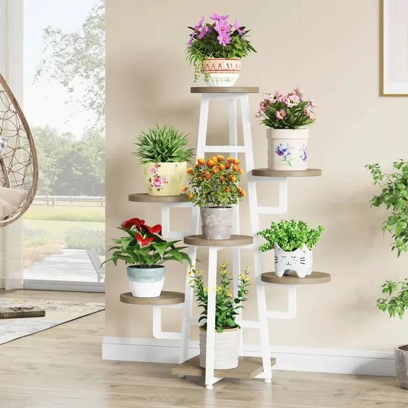 Modern Industrial Indoor Multi-Tier Plant Stand with White Metal Frame by HomePacific