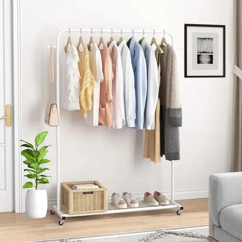 White Modern Garment Rack Clothes Hanging Rod with Lockable Wheels by HomePacific