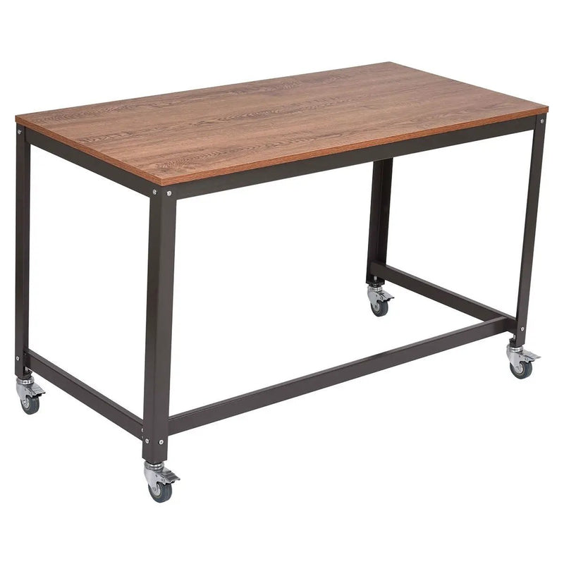 Industrial Modern Steel Frame Wood Top Computer Desk with Locking Wheels by HomePacific
