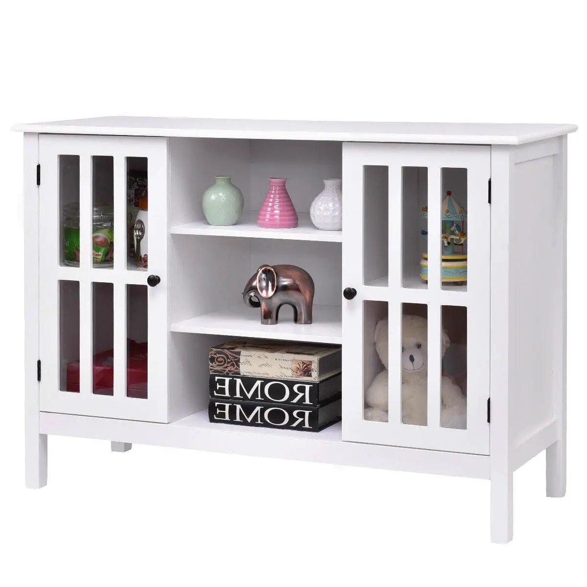 White Wood Sofa Table Console Cabinet with Tempered Glass Panel Doors by HomePacific