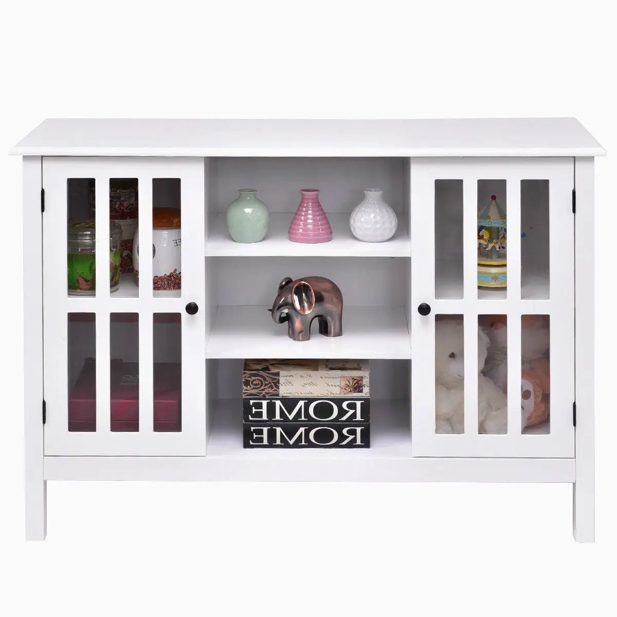 White Wood Sofa Table Console Cabinet with Tempered Glass Panel Doors by HomePacific